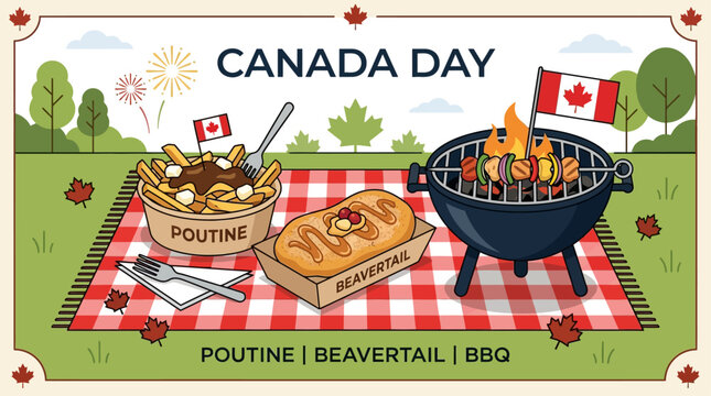 This flat design illustration showcases popular Canadian food items like poutine and beaver tails, perfect for Canada Day festivities.