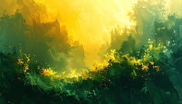 Impressionistic landscape with golden light shining through a dense green forest, painterly brushstrokes apparent