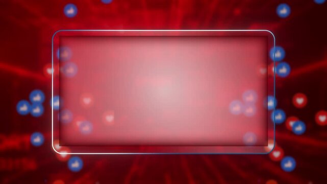 Live streaming red overlay frame with floating social media reactions, video broadcast interface, digital engagement, online streaming template, and social network interaction