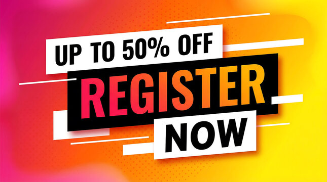Eye-catching promotional banner announces a compelling "up to 50% off" discount and urgent "register now" call to action.