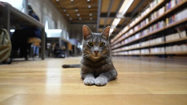 Gray Cat in the Library Video, Istabul Turkiye (Turkey)