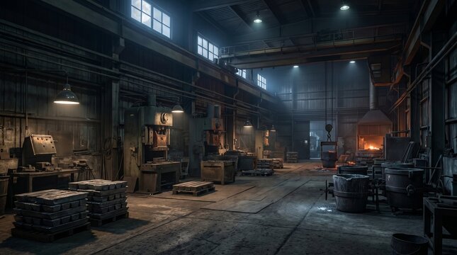 Interior of a dimly lit industrial factory with machinery and raw materials