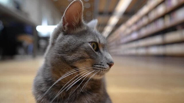 Gray Cat in the Library Video, Istabul Turkiye (Turkey)