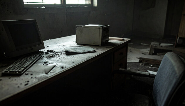 Abandoned Workspace: A scene of desolate neglect unfolds within a dusty, dilapidated workspace. A lone desk, computer, and printer stand as relics of a forgotten past.
