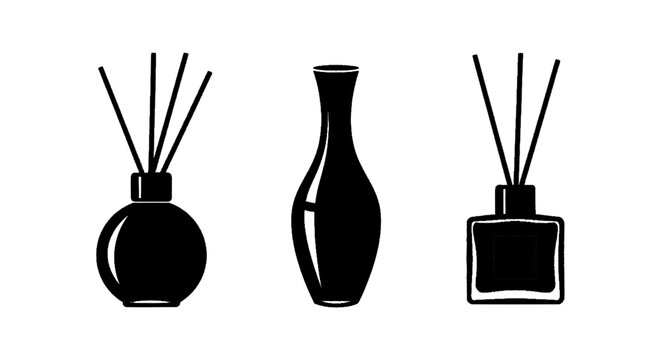 Minimal black silhouette icon, simple flat vector, bold black shape, no, no shading set of reed diffusers and a decorative vase on a, flat icon style