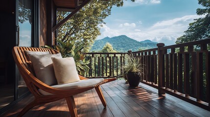 Obraz premium Awesome photo of cozy wooden balcony with comfortable lounge chair overlooking scenic green mountains.