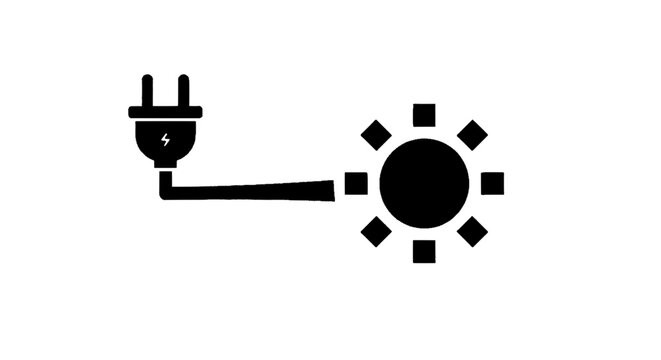 Minimal black silhouette icon, simple flat vector, bold black shape, no, no shading solar energy concept icon with a power plug connected to a sun symbol on a, flat icon style