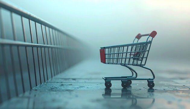 Tiny Shopping Cart in the Mist: An empty miniature shopping cart stands alone on wet ground near a railing, shrouded in a thick mist, evoking a sense of solitude and anticipation.