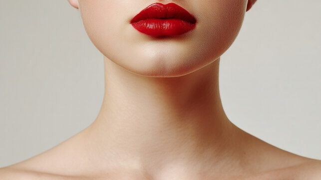 Woman's face half covered in red lipstick and skin texture with make up, skin care