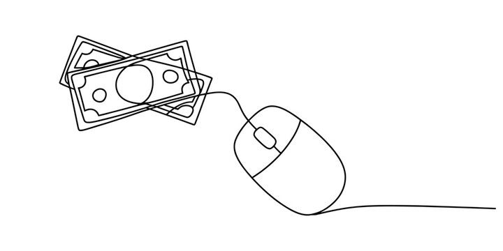 Continuous line drawing of computer mouse connected to paper money