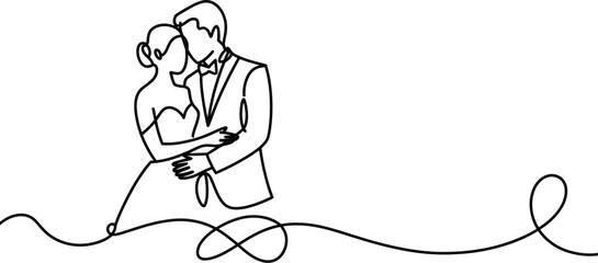 Fototapeta premium Continuous one line drawing of romantic wedding couple embrace together with infinity sign symbol of eternal love and minimalist bridal art.