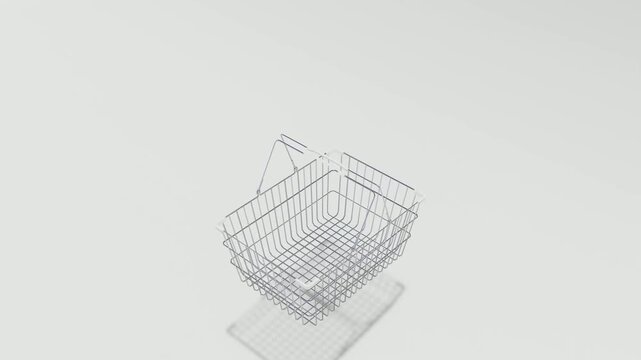 A clean 3D animation of an empty metal wire shopping basket bouncing and rotating on a pristine white background. Perfect for e-commerce, retail, and consumer-related projects.