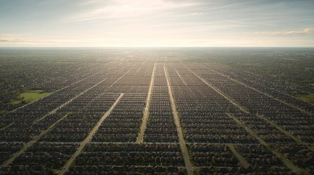 particularity. Aerial view of identical residential buildings stretching to the horizon under hazy skies. real-estate listings.
