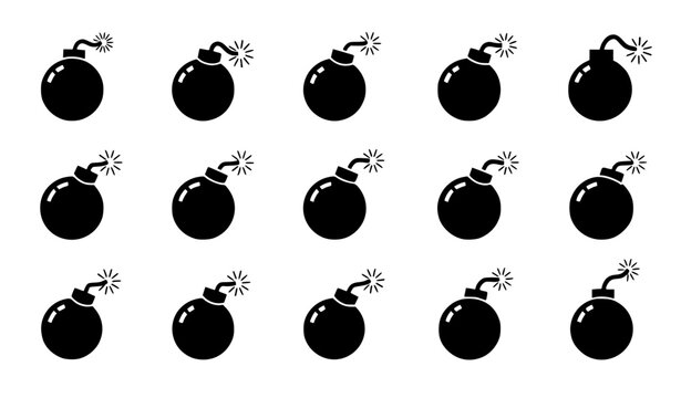 Bomb Icon Pack with Explosive Fuse Symbols for Warning Signs, Security Alerts, Military Graphics, Gaming Interfaces, and Hazard Design Applications