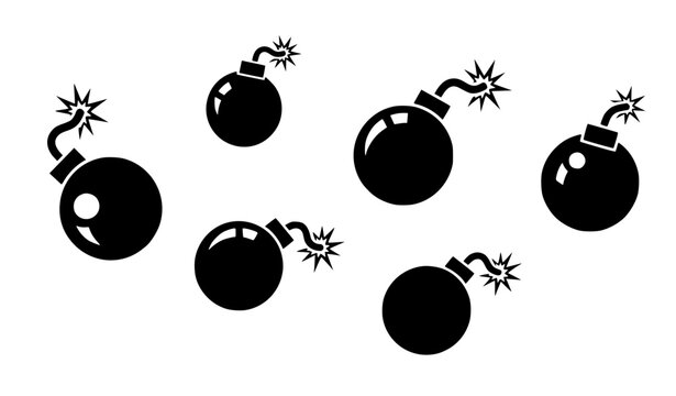 Black Bomb Icon Set with Explosive Fuse Symbols for Danger Alerts, Military Graphics, Gaming Interfaces, Security Signs, and Hazard Design Elements