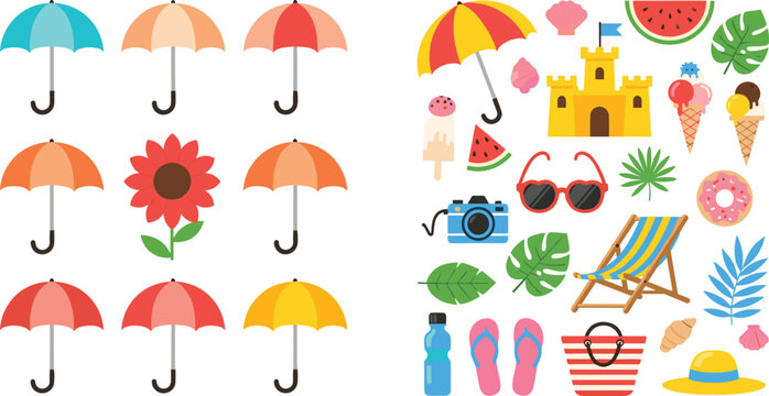 Summer Beach Elements Set with Umbrellas, Sandcastle, Ice Cream, Camera, Sunglasses, and Tropical Accessories for Vacation and Holiday Illustration Design