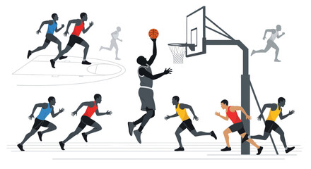 Diverse athletes playing basketball and running, action, competition, teamwork, fitness © renza