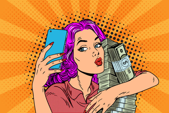 Pop Art Woman Taking Selfie with Stacks of Money - Retro Comic Book Style Girl Hugging Cash on Orange Sunburst Background