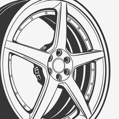 Obraz premium Modern five spoke car rim vector illustration with automotive transportation illustration performance mechanical engineering wheelset accessory circular aluminium component technology