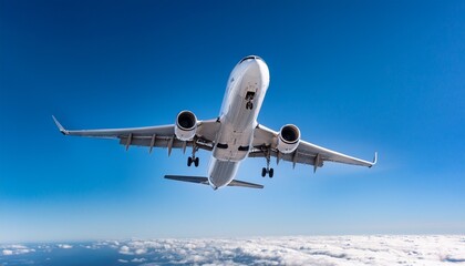 Obraz premium large passenger jet plane is banking and soaring through a clear blue sky showcasing the power and grace of modern aviation