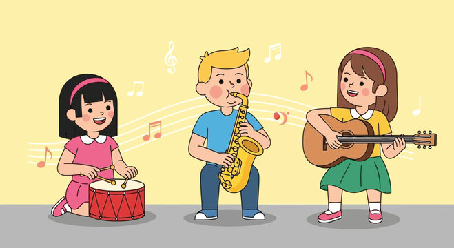 Children playing musical instruments, kids band, music education, fun band practice