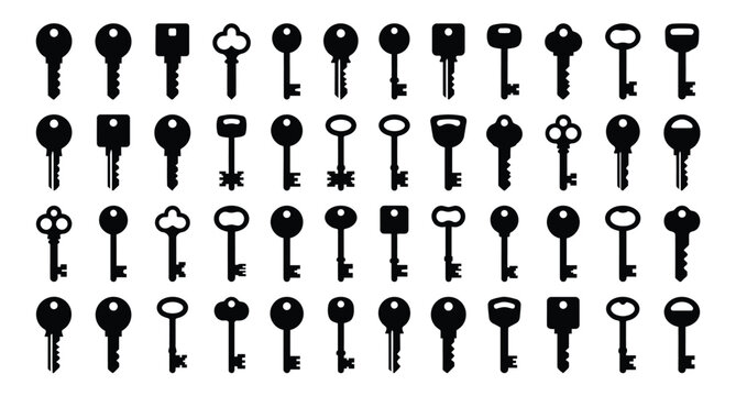 A professional vector silhouette collection featuring 50 diverse variations of a key .eps