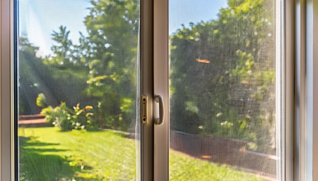 white frame mosquito net covering sliding door protecting house interior from insects and bugs during summer day allowing fresh air to enter and providing view of blurred green garden outside