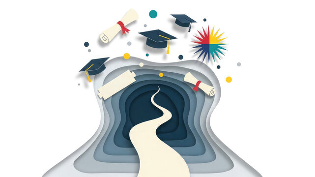 Creative paper cut style illustration of a winding path, diploma, graduation cap and scrolls symbolizing graduation, the learning journey, achievement and future success.