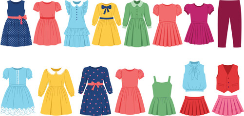 Women and Girls Clothing Collection with Dresses, Skirts, Tops, and Pants in Colorful Fashion Styles for Casual Wear and Apparel Illustration Design © MdMunzurul