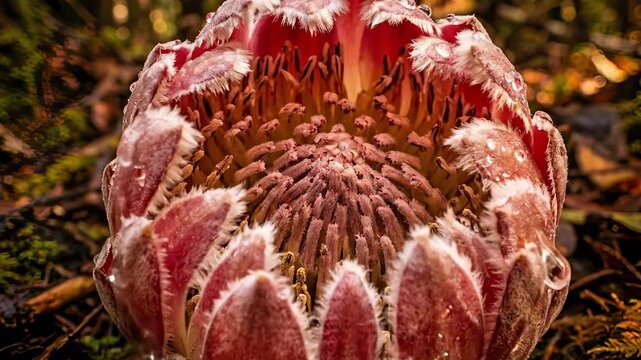 Close-Up Macro Shot of a Blooming Protea Flower With Water Droplets in a Forest