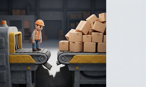 Frustrated factory manager looking at a broken conveyor belt with stuck blank boxes, supply chain disruption and logistics crisis concept, 3d clay animation style