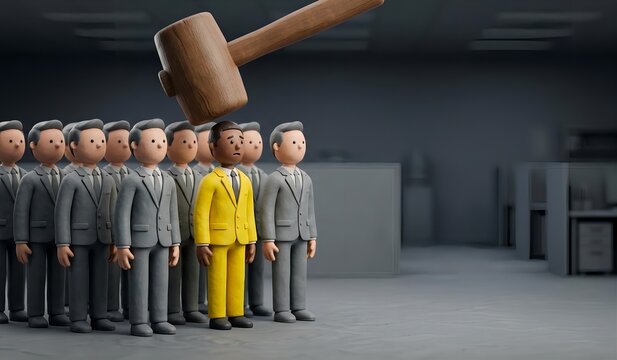 Giant blank hammer swinging down on a unique diverse employee in a yellow suit among identical grey employees, peer pressure and conformity concept, 3d clay animation style