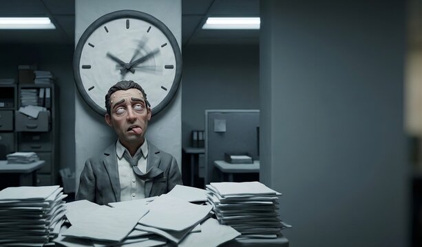 Exhausted diverse employee buried in blank documents with rolling eyes, overwork and toxic black company concept, 3d clay animation style