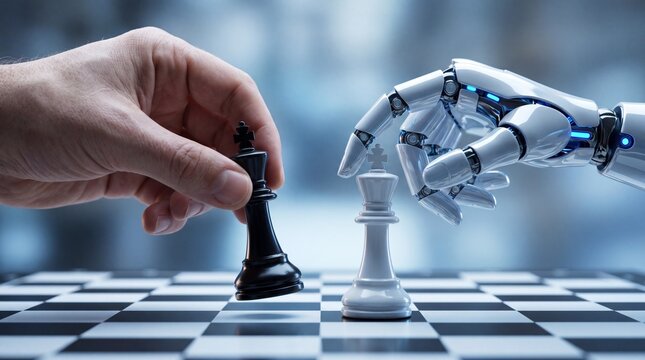 human hand vs robotic hand playing chess king strategy ai concept, artificial intelligence competing with human intelligence chess confrontation scene, futuristic robot and human strategy battle on ch