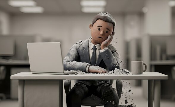 [3D] Claymation style employee crumbling into ash at an office desk (Burnout syndrome / Mental exhaustion)
