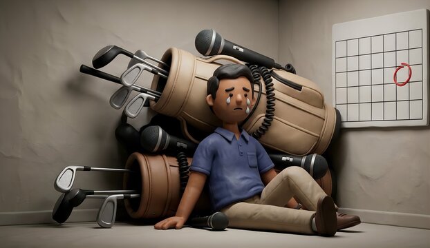 [3D] Claymation style crying employee buried under a giant golf bag and karaoke microphones (Weekend entertaining / Forced socializing)