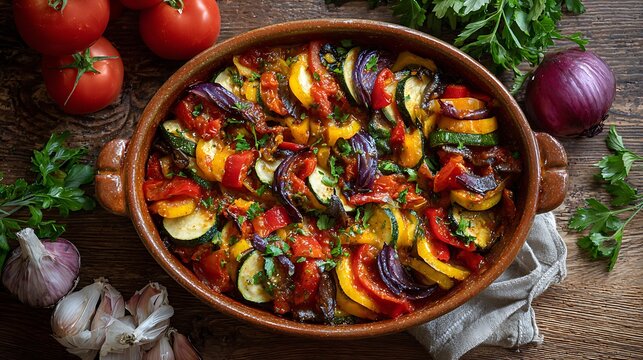 Awesome photo of rustic homemade vegetable ratatouille served in a traditional earthenware bowl on a wooden table.
