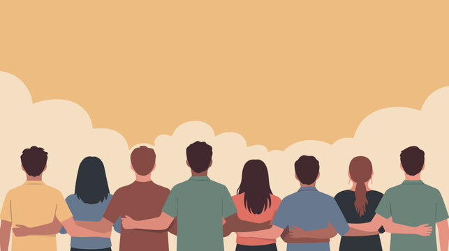 Diverse group of friends standing together arms around shoulders