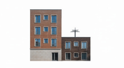 Naklejka premium Two attached brick buildings with multiple windows and a metal antenna on a white background view