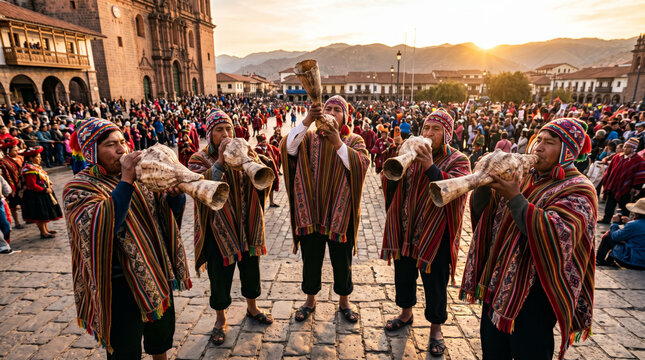 Traditional Andean Musicians Blasting Pututu Shell Trumpets to Start Inti Raymi in Cusco