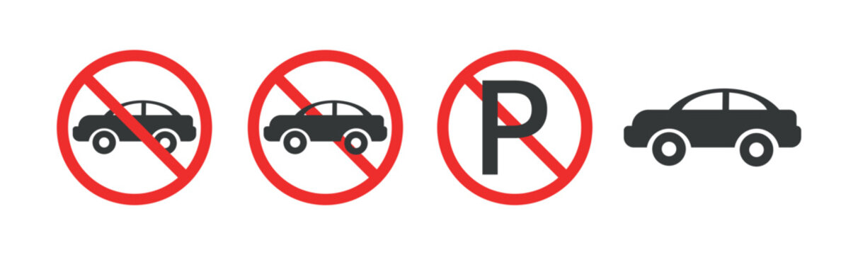 No parking vector signs set. Don't park here icon. No car sign. Parking prohibited symbol. No cars allowed sign red circle line vector isolated illustration.
