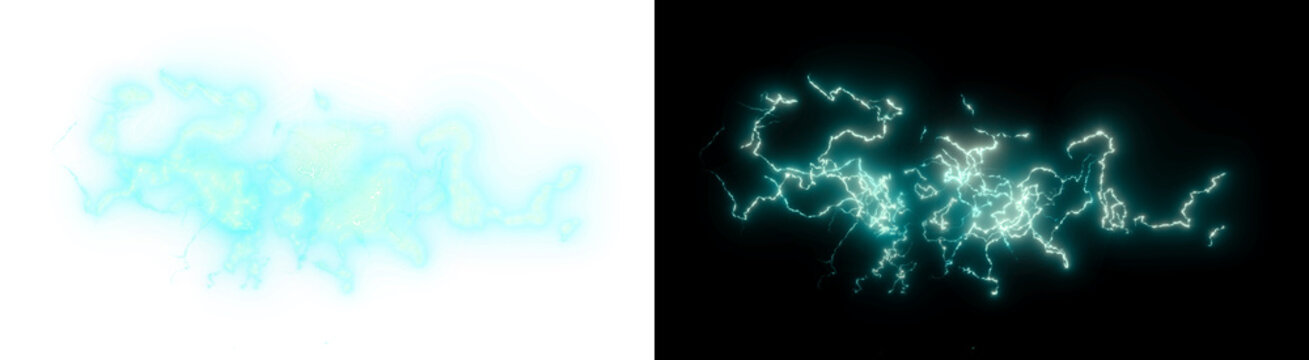 PNG image of Bright teal and white electric discharge with powerful lightning bolts on transparent background