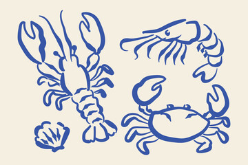 Seafood set naive blue sketch pattern vector © Victoria