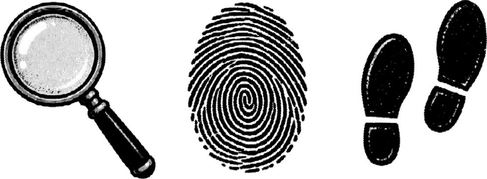 Halftone grunge vector of magnifying glass, fingerprint, and footprints in retro dotted transparent design