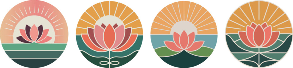 Four oval emblems with lotus flowers and sun motifs © MdMezbahul