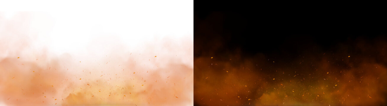 PNG image of&nbsp;Glowing embers floating within a thick cloud of swirling orange smoke isolated on transparent background