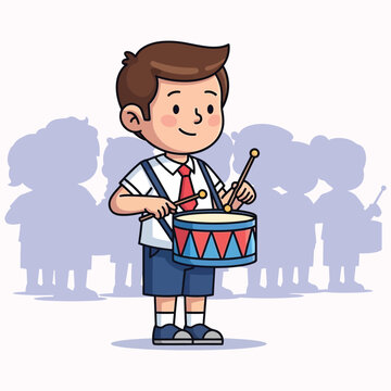 School boy in uniform playing drum with sticks in marching band.