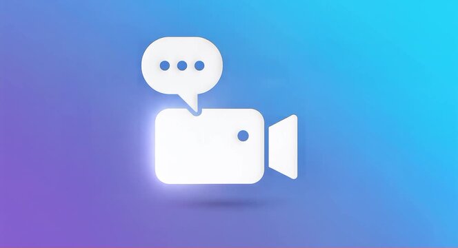 Video Camera Icon with Speech Bubble in Blue Gradient Background