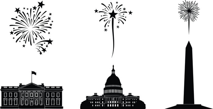 Fireworks, white house, us capitol and washington monument vector illustrations for patriotic.