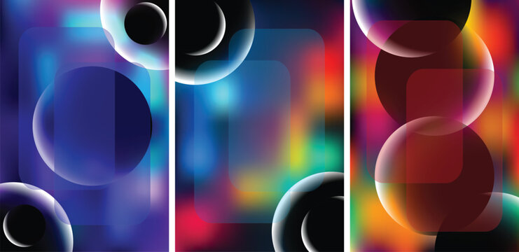 Vibrant abstract art with colorful spheres and geometric shapes in a triptych composition